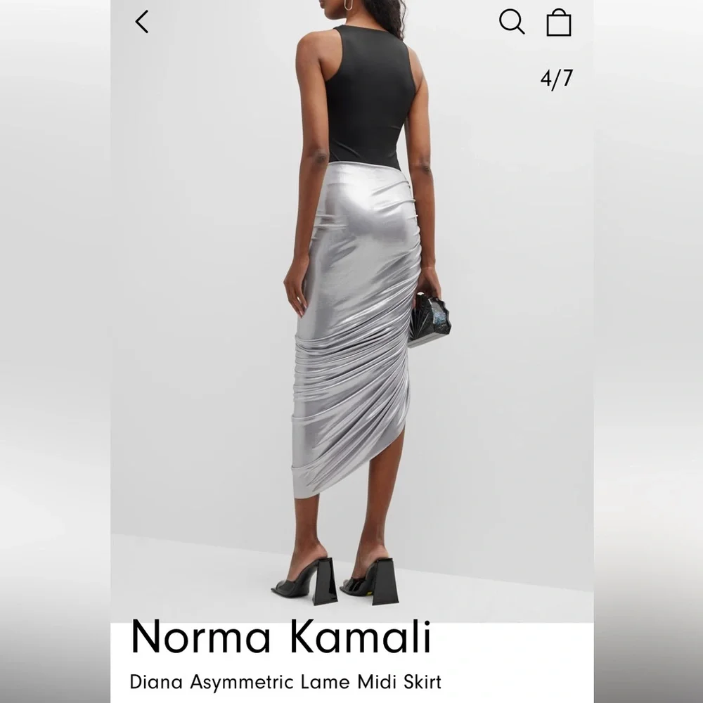 Norma Kamali NWT Diana shirred knee length skirt silver lame S. - Picture 2 of 6